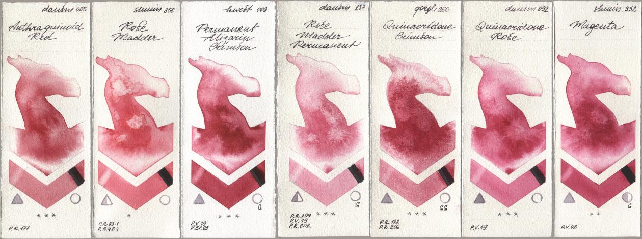 Daniel Smith 005 Anthraquinoid Red, Shminke Horadam Aquarell 356 Rose Madder, Holbein Artists Watercolor 009 Permanent Alizarin Crimson, 237 Rose Madder Permanent, Golden QOR 260 Quinacridone Crimson, 092 Quinacridone Rose, 352 Magen watercolor swatch