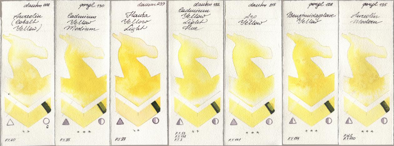 Daniel Smith 006 Aureolin (Cobalt Yellow), Golden QOR 130 Cadmium Yellow Medium, 039 Hansa Yellow Light, 192 Cadmium Yellow Light Hue, 215 Azo Yellow, 126 Benzimidazolone Yellow, 135 Aureolin Mode watercolor swatch