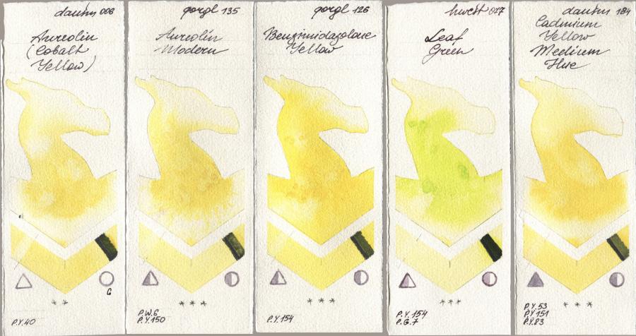 Daniel Smith 006 Aureolin (Cobalt Yellow), Golden QOR 135 Aureolin Modern, 126 Benzimidazolone Yellow, Holbein Artists Watercolor 077 Leaf Green, 184 Cadmium Yellow Medium H watercolor swatch