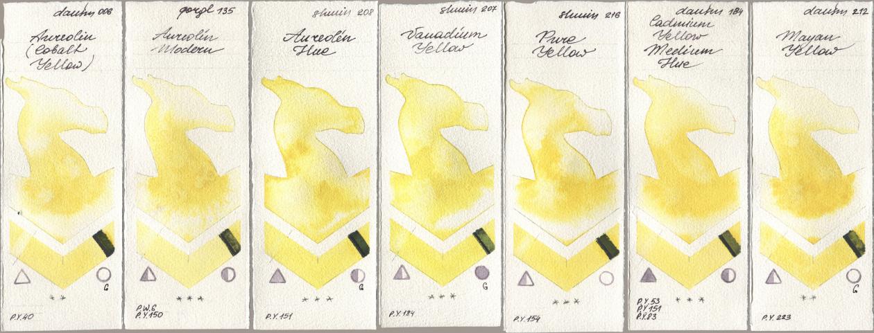 Daniel Smith 006 Aureolin (Cobalt Yellow), Golden QOR 135 Aureolin Modern, Shminke Horadam Aquarell 208 Aureolin Hue, 207 Vanadium Yellow, 216 Pure Yellow, 184 Cadmium Yellow Medium Hue, 212 Mayan Yell watercolor swatch