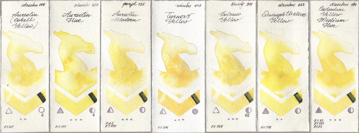 Daniel Smith 006 Aureolin (Cobalt Yellow), Shminke Horadam Aquarell 208 Aureolin Hue, Golden QOR 135 Aureolin Modern, Winsor & Newton Professional 649 Turners Yellow, 911 Volcano Yellow, 223 Quinophthalone Yellow, 184 Cadmium Yellow Medium H watercolor swatch