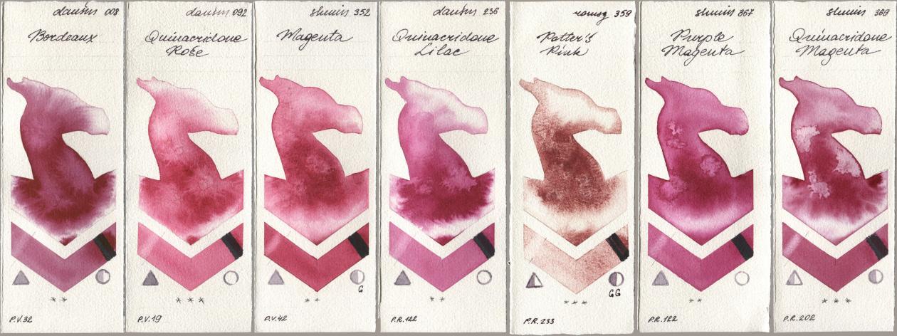 Daniel Smith 008 Bordeaux, 092 Quinacridone Rose, Shminke Horadam Aquarell 352 Magenta, 236 Quinacridone Lilac, Roman Szmal Aquarius 359 Potters Pink, 367 Purple Magenta, 369 Quinacridone Magen watercolor swatch