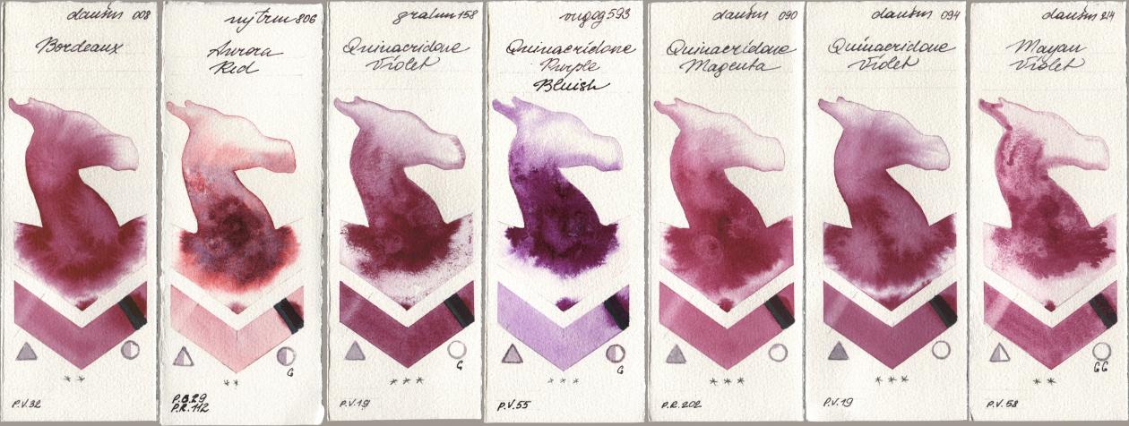 Daniel Smith 008 Bordeaux, Mijello Mission Gold 806 Aurora Red, M. Graham & Co. Artists 158 Quinacridone Violet, Royal Talens Van Gogh Watercolour 593 Quinacridone Purple Bluish, 090 Quinacridone Magenta, 094 Quinacridone Violet, 214 Mayan Viol watercolor swatch
