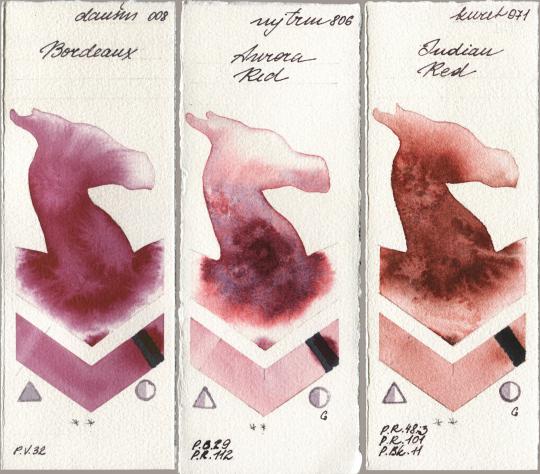 Daniel Smith 008 Bordeaux, Mijello Mission Gold 806 Aurora Red, Kuretake Gansai Tambi 071 Indian R watercolor swatch