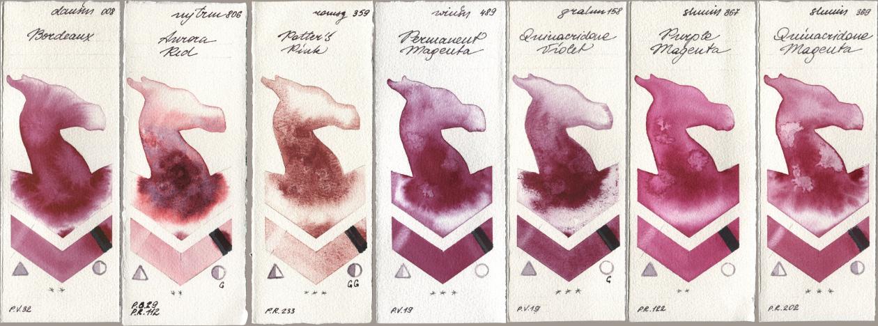 Daniel Smith 008 Bordeaux, Mijello Mission Gold 806 Aurora Red, Roman Szmal Aquarius 359 Potters Pink, Winsor & Newton Professional 489 Permanent Magenta, M. Graham & Co. Artists 158 Quinacridone Violet, Shminke Horadam Aquarell 367 Purple Magenta, 369 Quinacridone Magen watercolor swatch