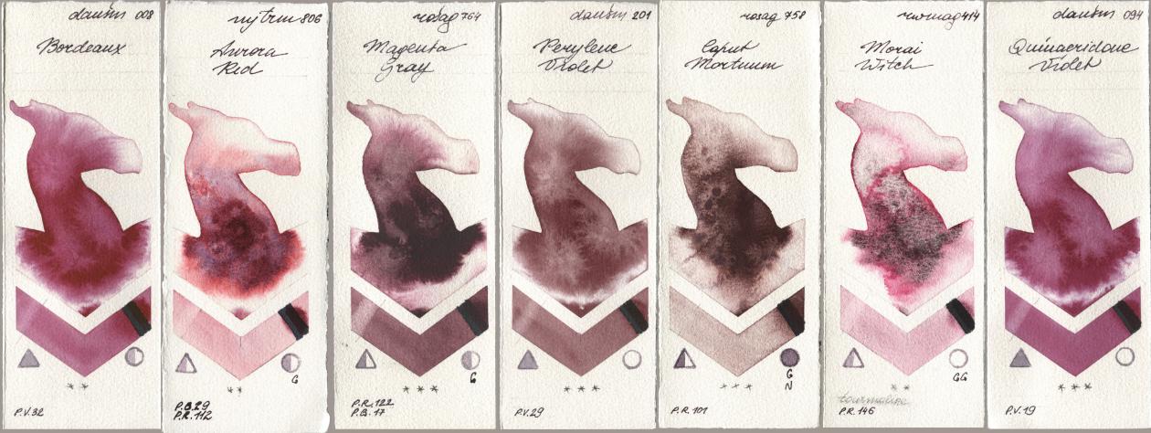 Daniel Smith 008 Bordeaux, Mijello Mission Gold 806 Aurora Red, Rosa Gallery 764 Magenta Gray, 201 Perylene Violet, 758 Caput Mortuum, Rockwell 414 Morai Witch, 094 Quinacridone Viol watercolor swatch
