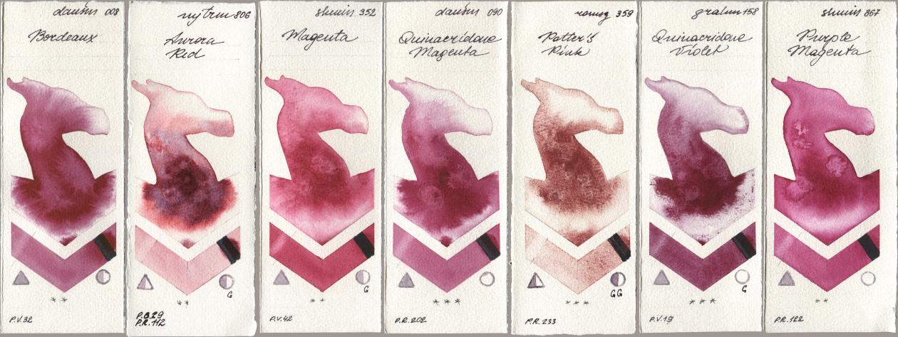 Daniel Smith 008 Bordeaux, Mijello Mission Gold 806 Aurora Red, Shminke Horadam Aquarell 352 Magenta, 090 Quinacridone Magenta, Roman Szmal Aquarius 359 Potters Pink, M. Graham & Co. Artists 158 Quinacridone Violet, 367 Purple Magen watercolor swatch