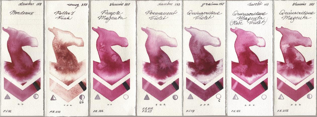 Daniel Smith 008 Bordeaux, Roman Szmal Aquarius 359 Potters Pink, Shminke Horadam Aquarell 367 Purple Magenta, 073 Permanent Violet, M. Graham & Co. Artists 158 Quinacridone Violet, Holbein Artists Watercolor 119 Quinacridone Magenta (Rose Violet), 369 Quinacridone Magen watercolor swatch
