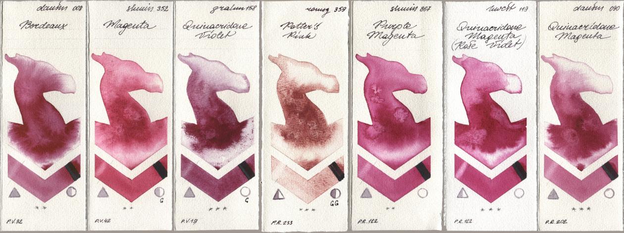 Daniel Smith 008 Bordeaux, Shminke Horadam Aquarell 352 Magenta, M. Graham & Co. Artists 158 Quinacridone Violet, Roman Szmal Aquarius 359 Potters Pink, 367 Purple Magenta, Holbein Artists Watercolor 119 Quinacridone Magenta (Rose Violet), 090 Quinacridone Magen watercolor swatch