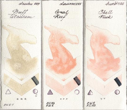 Daniel Smith 009 Buff Titanium, 255 Coral Reef, Holbein Artists Watercolor 026 Shell Pi watercolor swatch