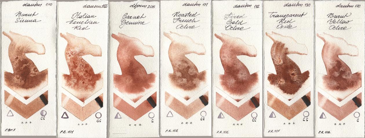 Daniel Smith 010 Burnt Sienna, 122 Italian Venetian Red, 205 Garnet Genuine, 171 Roasted French Ochre, 172 Fired Gold Ochre, 130 Transparent Red Oxide, 170 Burnt Yellow Och watercolor swatch