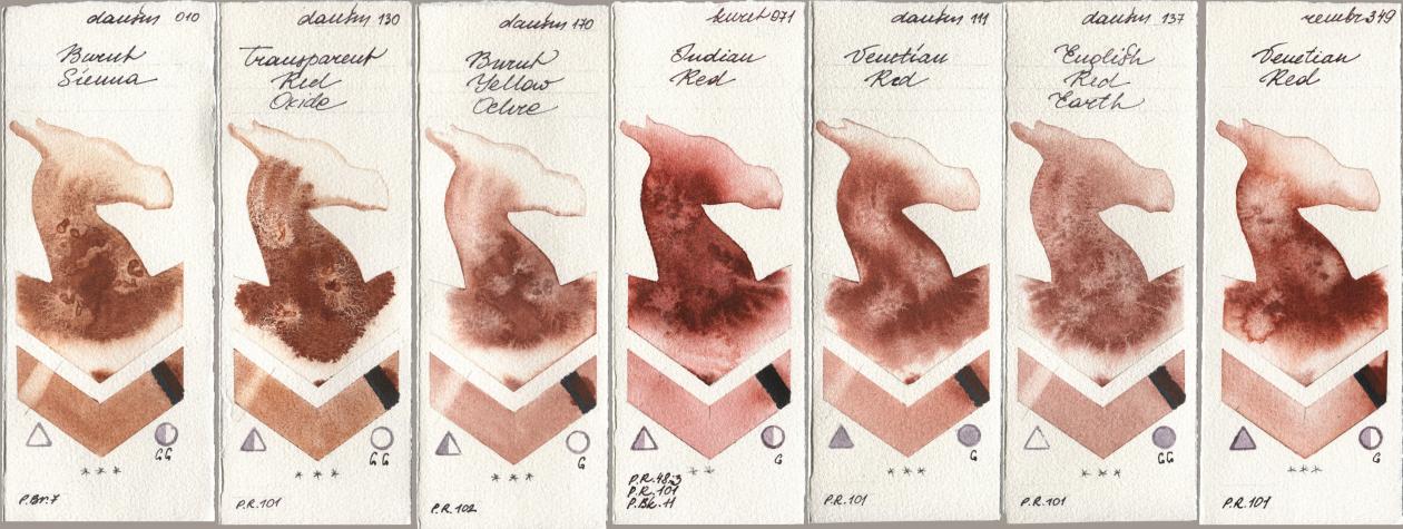 Daniel Smith 010 Burnt Sienna, 130 Transparent Red Oxide, 170 Burnt Yellow Ochre, Kuretake Gansai Tambi 071 Indian Red, 111 Venetian Red, 137 English Red Earth, Royal Talens Rembrandt Watercolour 349 Venerian R watercolor swatch