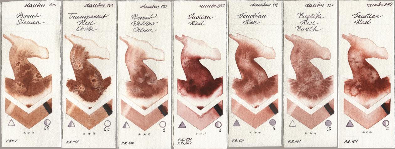 Daniel Smith 010 Burnt Sienna, 130 Transparent Red Oxide, 170 Burnt Yellow Ochre, Royal Talens Rembrandt Watercolour 347 Indian Red, 111 Venetian Red, 137 English Red Earth, 349 Venerian R watercolor swatch