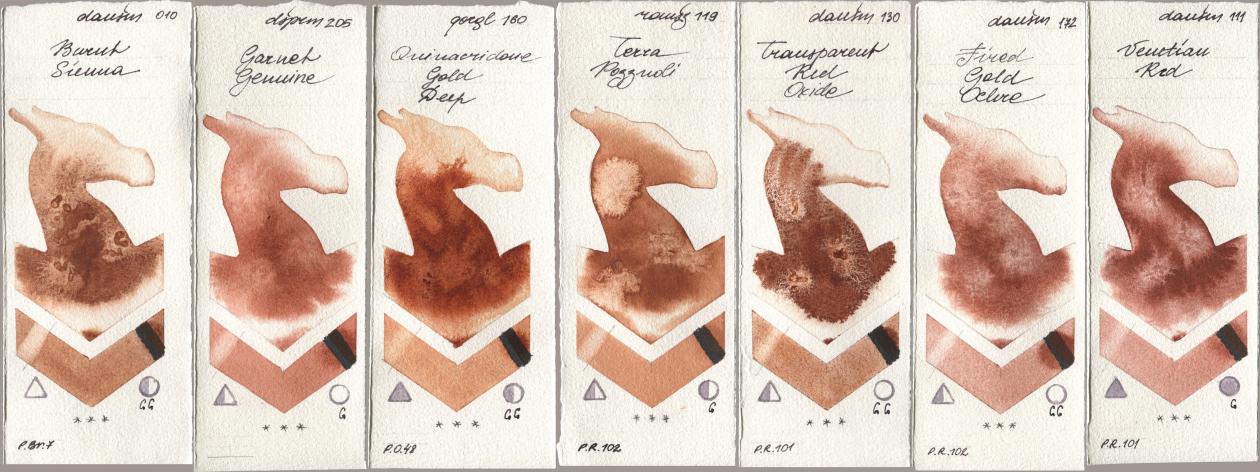 Daniel Smith 010 Burnt Sienna, 205 Garnet Genuine, Golden QOR 160 Quinacridone Gold Deep, Roman Szmal Aquarius 119 Terra Pozzuoli, 130 Transparent Red Oxide, 172 Fired Gold Ochre, 111 Venetian R watercolor swatch