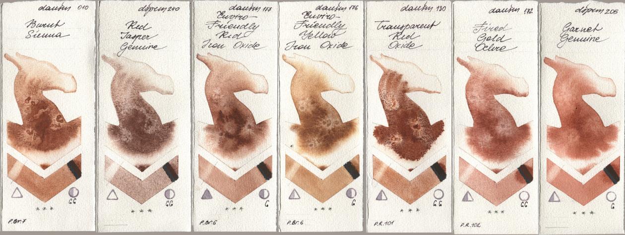 Daniel Smith 010 Burnt Sienna, 240 Red Jasper Genuine, 177 Enviro-Friendly Red Iron Oxide, 176 Enviro-Friendly Yellow Iron Oxide, 130 Transparent Red Oxide, 172 Fired Gold Ochre, 205 Garnet Genui watercolor swatch