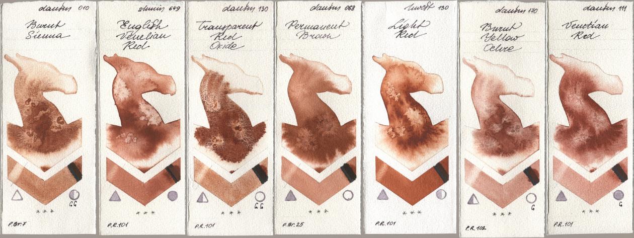 Daniel Smith 010 Burnt Sienna, Shminke Horadam Aquarell 649 English Venetian Red, 130 Transparent Red Oxide, 068 Permanent Brown, Holbein Artists Watercolor 130 Light Red, 170 Burnt Yellow Ochre, 111 Venetian R watercolor swatch