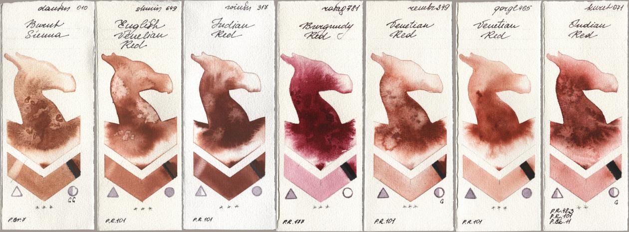 Daniel Smith 010 Burnt Sienna, Shminke Horadam Aquarell 649 English Venetian Red, Winsor & Newton Professional 317 Indian Red, Rosa Gallery 781 Burgundy Red, Royal Talens Rembrandt Watercolour 349 Venerian Red, Golden QOR 465 Venetian Red, Kuretake Gansai Tambi 071 Indian R watercolor swatch
