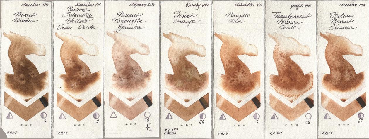 Daniel Smith 011 Burnt Umber, 176 Enviro-Friendly Yellow Iron Oxide, 204 Burnt Bronzite Genuine, Shminke Horadam Aquarell 922 Desert Orange, 116 Pompeii Red, Golden QOR 475 Transparent Brown Oxide, 047 Italian Burnt Sien watercolor swatch