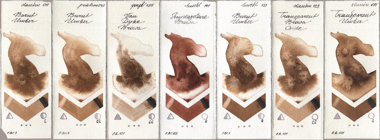 Daniel Smith 011 Burnt Umber, M. Graham & Co. Artists 030 Burnt Umber, Golden QOR 495 Van Dyke Brown, Holbein Artists Watercolor 141 Imidazolone Brown, 133 Burnt Umber, 129 Transparent Brown Oxide, Shminke Horadam Aquarell 671 Transparent Umb watercolor swatch