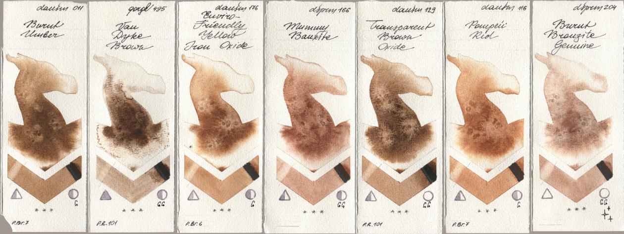 Daniel Smith 011 Burnt Umber, Golden QOR 495 Van Dyke Brown, 176 Enviro-Friendly Yellow Iron Oxide, 166 Mummy Bauxite, 129 Transparent Brown Oxide, 116 Pompeii Red, 204 Burnt Bronzite Genui watercolor swatch