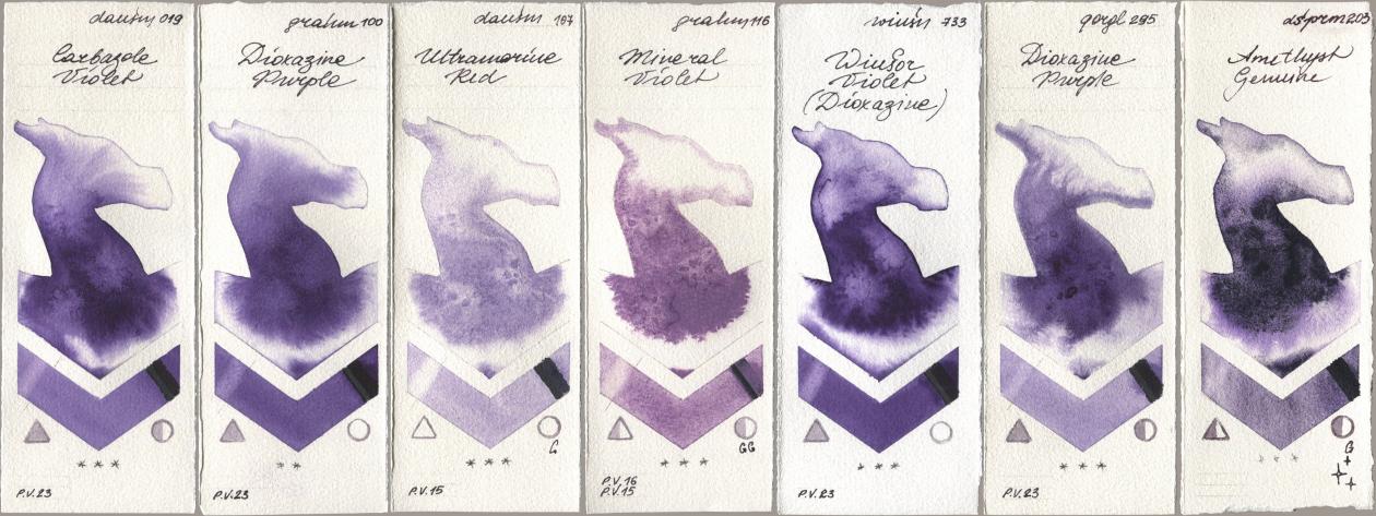 Daniel Smith 019 Carbazole Violet, M. Graham & Co. Artists 100 Dioxazine Purple, 107 Ultramarine Red, 116 Mineral Violet, Winsor & Newton Professional 733 Winsor Violet (Dioxazine), Golden QOR 295 Dioxazine Purple, 203 Amethyst Genui watercolor swatch