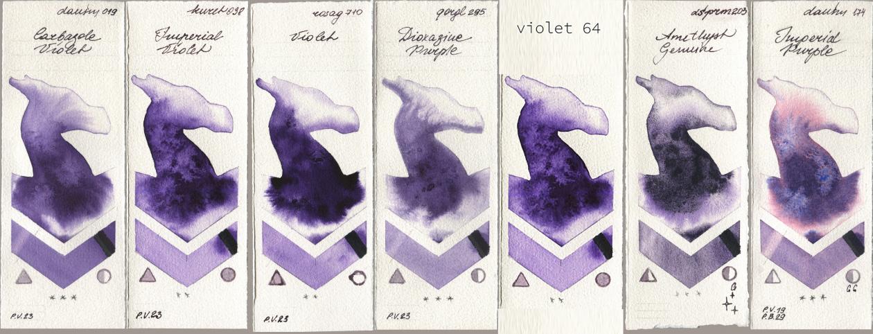 Daniel Smith 019 Carbazole Violet, Kuretake Gansai Tambi 038 Imperial Violet, Rosa Gallery 710 Violet, Golden QOR 295 Dioxazine Purple, my 064 violet64, 203 Amethyst Genuine, 174 Imperial Purp watercolor swatch