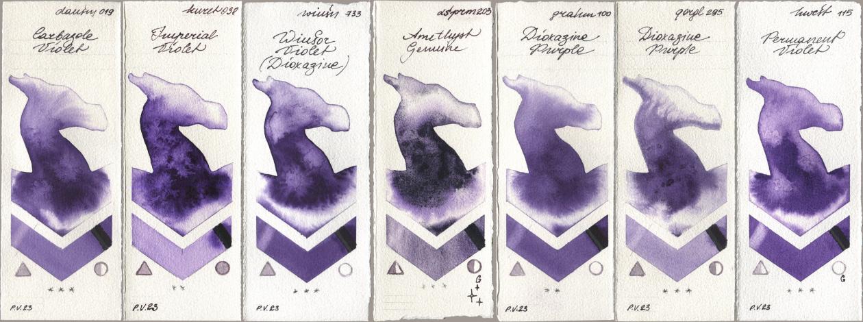 Daniel Smith 019 Carbazole Violet, Kuretake Gansai Tambi 038 Imperial Violet, Winsor & Newton Professional 733 Winsor Violet (Dioxazine), 203 Amethyst Genuine, M. Graham & Co. Artists 100 Dioxazine Purple, Golden QOR 295 Dioxazine Purple, Holbein Artists Watercolor 115 Permanent Viol watercolor swatch