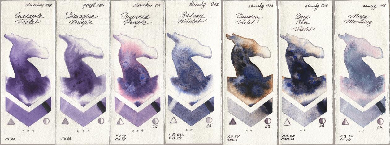 Daniel Smith 019 Carbazole Violet, Golden QOR 295 Dioxazine Purple, 174 Imperial Purple, Shminke Horadam Aquarell 972 Galaxy Violet, 983 Tundra Violet, 951 Deep Sea Violet, Roman Szmal Aquarius 415 Misty Morni watercolor swatch