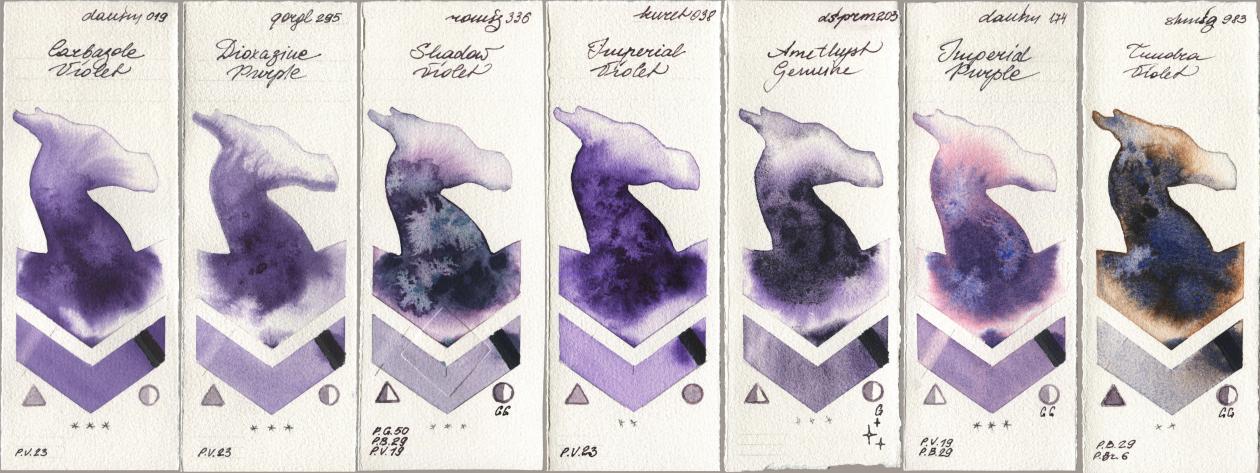Daniel Smith 019 Carbazole Violet, Golden QOR 295 Dioxazine Purple, Roman Szmal Aquarius 336 Shadow Violet, Kuretake Gansai Tambi 038 Imperial Violet, 203 Amethyst Genuine, 174 Imperial Purple, Shminke Horadam Aquarell 983 Tundra Viol watercolor swatch