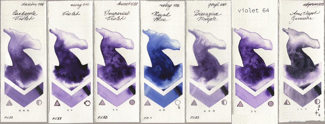 Daniel Smith 019 Carbazole Violet, Rosa Gallery 710 Violet, Kuretake Gansai Tambi 038 Imperial Violet, 782 Royal Blue, Golden QOR 295 Dioxazine Purple, my 064 violet64, 203 Amethyst Genui watercolor swatch