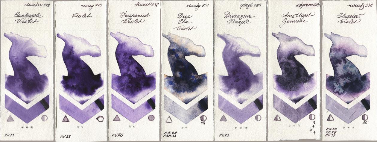 Daniel Smith 019 Carbazole Violet, Rosa Gallery 710 Violet, Kuretake Gansai Tambi 038 Imperial Violet, Shminke Horadam Aquarell 951 Deep Sea Violet, Golden QOR 295 Dioxazine Purple, 203 Amethyst Genuine, Roman Szmal Aquarius 336 Shadow Viol watercolor swatch