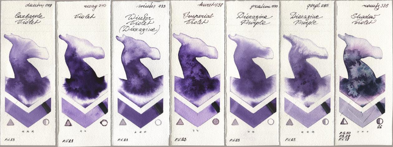 Daniel Smith 019 Carbazole Violet, Rosa Gallery 710 Violet, Winsor & Newton Professional 733 Winsor Violet (Dioxazine), Kuretake Gansai Tambi 038 Imperial Violet, M. Graham & Co. Artists 100 Dioxazine Purple, Golden QOR 295 Dioxazine Purple, Roman Szmal Aquarius 336 Shadow Viol watercolor swatch