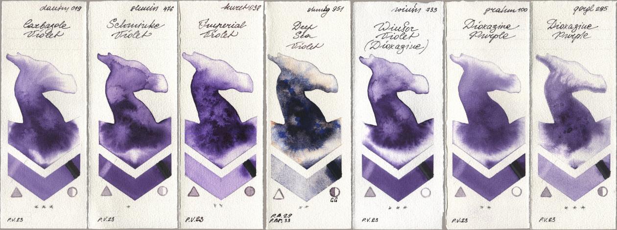 Daniel Smith 019 Carbazole Violet, Shminke Horadam Aquarell 476 Schmincke Violet, Kuretake Gansai Tambi 038 Imperial Violet, 951 Deep Sea Violet, Winsor & Newton Professional 733 Winsor Violet (Dioxazine), M. Graham & Co. Artists 100 Dioxazine Purple, Golden QOR 295 Dioxazine Purp watercolor swatch