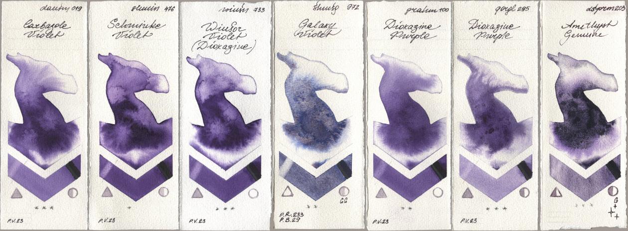 Daniel Smith 019 Carbazole Violet, Shminke Horadam Aquarell 476 Schmincke Violet, Winsor & Newton Professional 733 Winsor Violet (Dioxazine), 972 Galaxy Violet, M. Graham & Co. Artists 100 Dioxazine Purple, Golden QOR 295 Dioxazine Purple, 203 Amethyst Genui watercolor swatch
