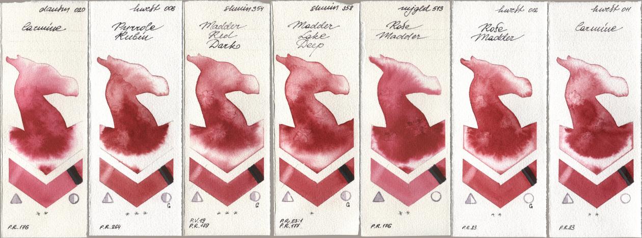 Daniel Smith 020 Carmine, Holbein Artists Watercolor 006 Pyrrole Rubin, Shminke Horadam Aquarell 354 Madder Red Dark, 358 Madder Lake Deep, Mijello Mission Gold 513 Rose Madder, 012 Rose Madder, 011 Carmi watercolor swatch