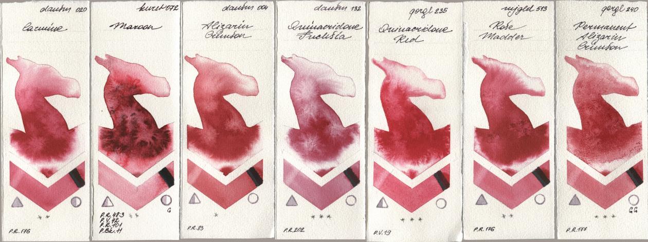 Daniel Smith 020 Carmine, Kuretake Gansai Tambi 072 Maroon, 004 Alizarin Crimson, 132 Quinacridone Fuchsia, Golden QOR 235 Quinacridone Red, Mijello Mission Gold 513 Rose Madder, 240 Permanent Alizarin Crims watercolor swatch