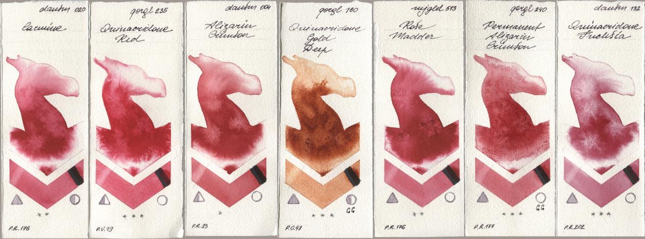 Daniel Smith 020 Carmine, Golden QOR 235 Quinacridone Red, 004 Alizarin Crimson, 160 Quinacridone Gold Deep, Mijello Mission Gold 513 Rose Madder, 240 Permanent Alizarin Crimson, 132 Quinacridone Fuchs watercolor swatch