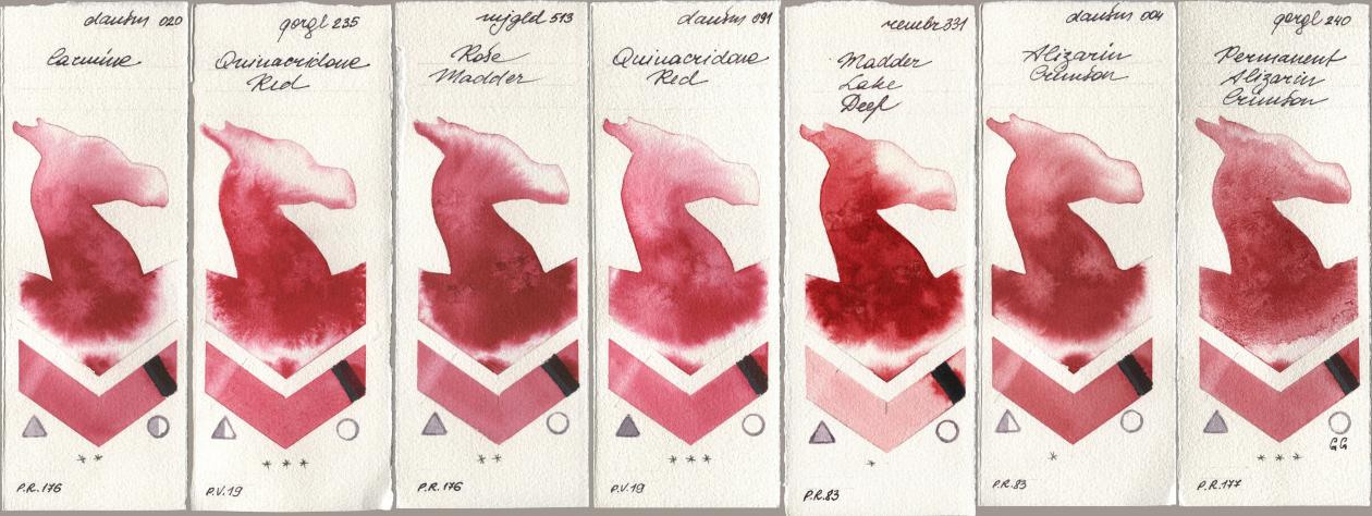 Daniel Smith 020 Carmine, Golden QOR 235 Quinacridone Red, Mijello Mission Gold 513 Rose Madder, 091 Quinacridone Red, Royal Talens Rembrandt Watercolour 331 Madder Lake Deep, 004 Alizarin Crimson, 240 Permanent Alizarin Crims watercolor swatch