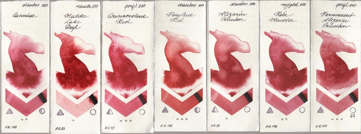 Daniel Smith 020 Carmine, Royal Talens Rembrandt Watercolour 331 Madder Lake Deep, Golden QOR 235 Quinacridone Red, 075 Perylene Red, 004 Alizarin Crimson, Mijello Mission Gold 513 Rose Madder, 240 Permanent Alizarin Crims watercolor swatch