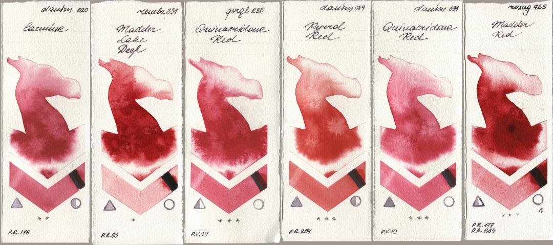 Daniel Smith 020 Carmine, Royal Talens Rembrandt Watercolour 331 Madder Lake Deep, Golden QOR 235 Quinacridone Red, 084 Pyrrol Red, 091 Quinacridone Red, Rosa Gallery 725 Madder R watercolor swatch