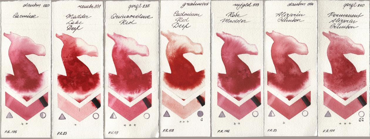 Daniel Smith 020 Carmine, Royal Talens Rembrandt Watercolour 331 Madder Lake Deep, Golden QOR 235 Quinacridone Red, M. Graham & Co. Artists 045 Cadmium Red Deep, Mijello Mission Gold 513 Rose Madder, 004 Alizarin Crimson, 240 Permanent Alizarin Crims watercolor swatch