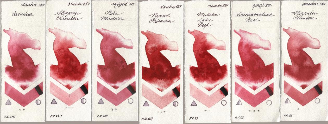Daniel Smith 020 Carmine, Shminke Horadam Aquarell 357 Alizarin Crimson, Mijello Mission Gold 513 Rose Madder, 127 Pyrrol Crimson, Royal Talens Rembrandt Watercolour 331 Madder Lake Deep, Golden QOR 235 Quinacridone Red, 004 Alizarin Crims watercolor swatch