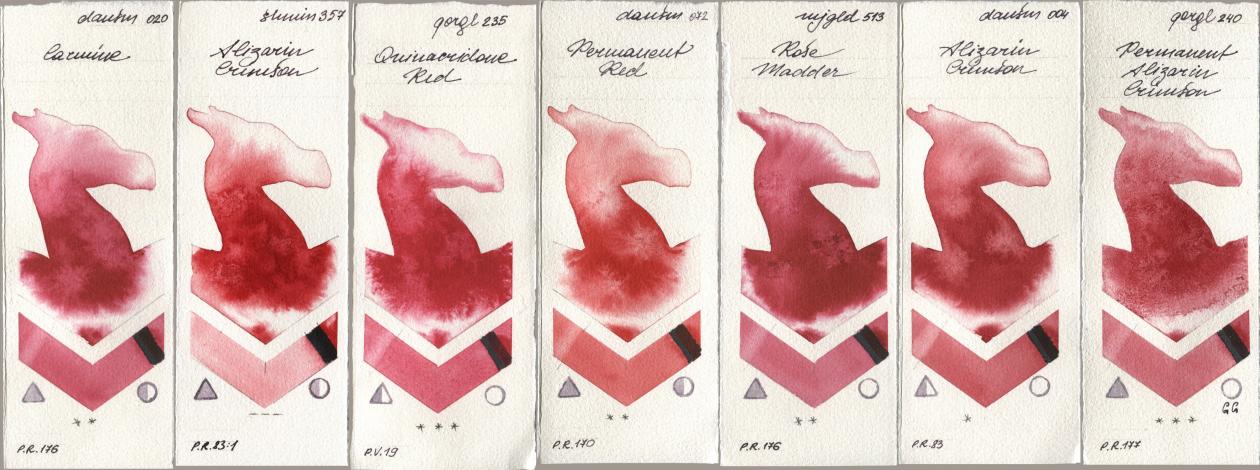 Daniel Smith 020 Carmine, Shminke Horadam Aquarell 357 Alizarin Crimson, Golden QOR 235 Quinacridone Red, 072 Permanent Red, Mijello Mission Gold 513 Rose Madder, 004 Alizarin Crimson, 240 Permanent Alizarin Crims watercolor swatch