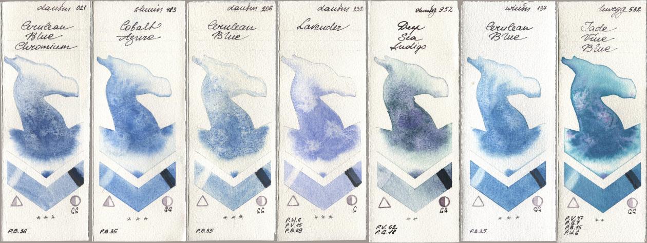Daniel Smith 021 Cerulean Blue Chromium, Shminke Horadam Aquarell 483 Cobalt Azure, 206 Cerulean Blue, 232 Lavender, 952 Deep Sea Indigo, Winsor & Newton Professional 137 Cerulean Blue, Holbein Artists Watercolor 532 Jade Vine Bl watercolor swatch