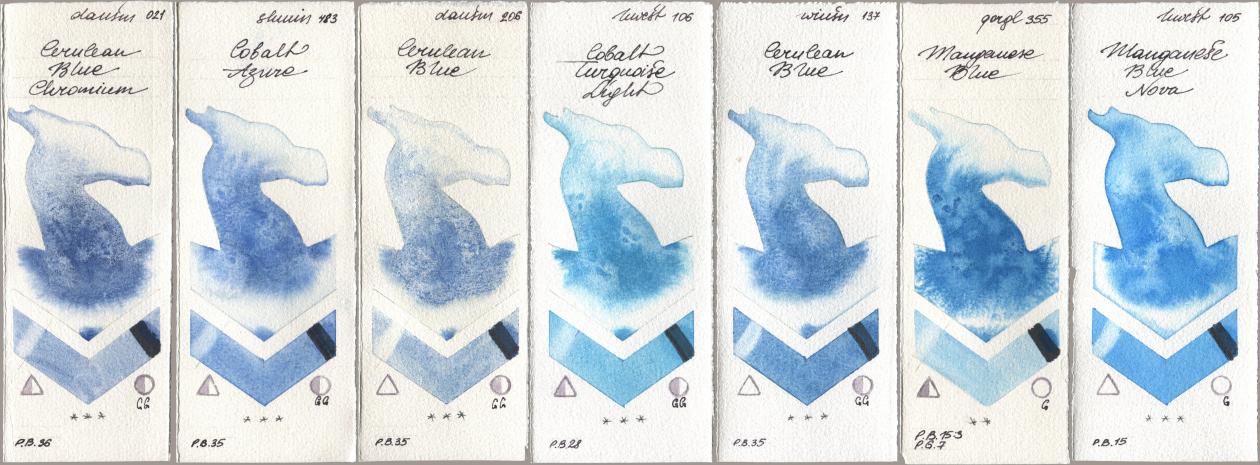Daniel Smith 021 Cerulean Blue Chromium, Shminke Horadam Aquarell 483 Cobalt Azure, 206 Cerulean Blue, Holbein Artists Watercolor 106 Cobalt Turquoise Light, Winsor & Newton Professional 137 Cerulean Blue, Golden QOR 355 Manganese Blue, 105 Manganese Blue No watercolor swatch