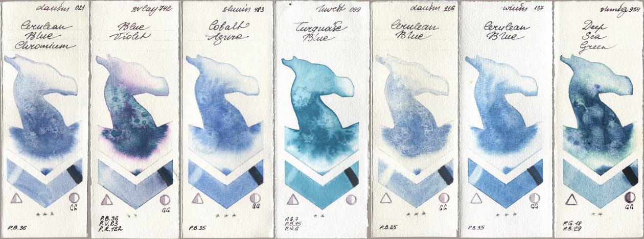 Daniel Smith 021 Cerulean Blue Chromium, SuperVision 742 Blue Violet, Shminke Horadam Aquarell 483 Cobalt Azure, Holbein Artists Watercolor 099 Turquoise Blue, 206 Cerulean Blue, Winsor & Newton Professional 137 Cerulean Blue, 954 Deep Sea Gre watercolor swatch