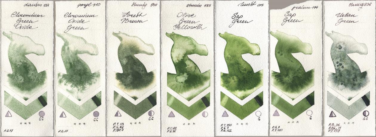 Daniel Smith 024 Chromium Green Oxide, Golden QOR 410 Chromium Oxide Green, Shminke Horadam Aquarell 944 Forest Brown, 525 Olive Green Yellowish, Holbein Artists Watercolor 075 Sap Green, M. Graham & Co. Artists 174 Sap Green, 936 Urban Gre watercolor swatch