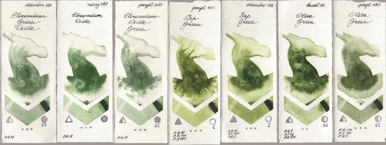 Daniel Smith 024 Chromium Green Oxide, Rosa Gallery 743 Chromium Oxide, Golden QOR 410 Chromium Oxide Green, 400 Sap Green, 102 Sap Green, Kuretake Gansai Tambi 054 Olive Green, 420 Olive Gre watercolor swatch