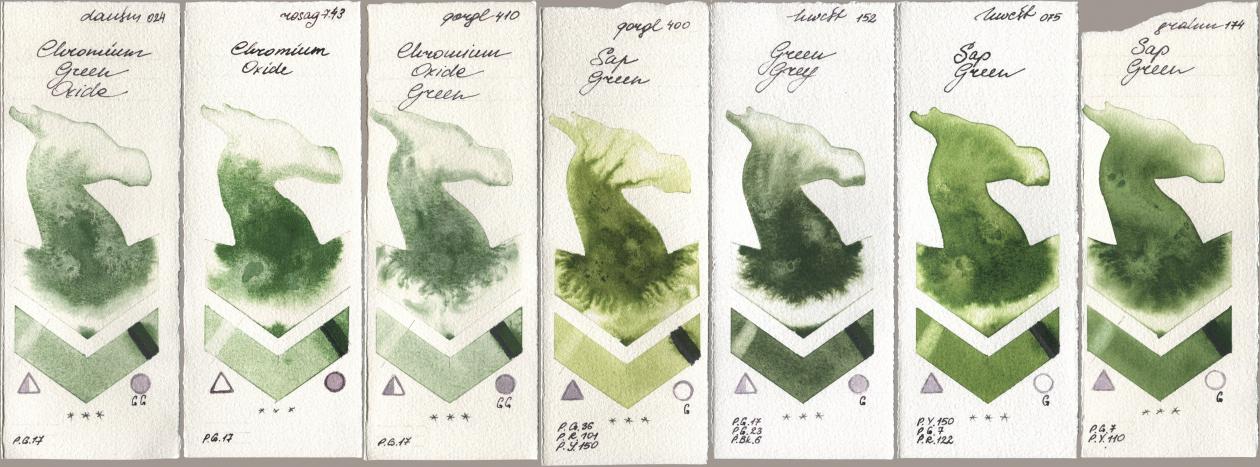 Daniel Smith 024 Chromium Green Oxide, Rosa Gallery 743 Chromium Oxide, Golden QOR 410 Chromium Oxide Green, 400 Sap Green, Holbein Artists Watercolor 152 Green Grey, 075 Sap Green, M. Graham & Co. Artists 174 Sap Gre watercolor swatch