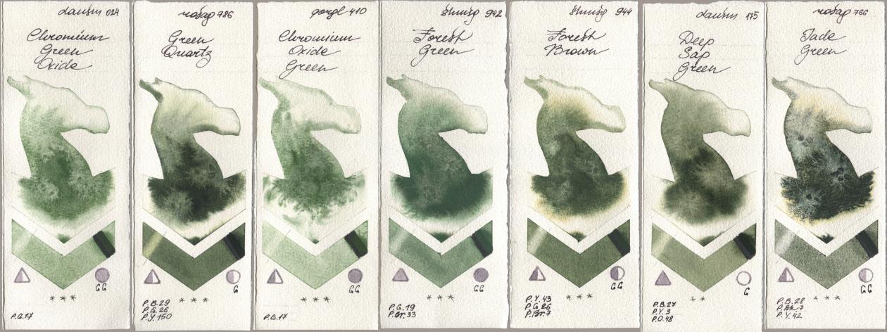 Daniel Smith 024 Chromium Green Oxide, Rosa Gallery 786 Green Quartz, Golden QOR 410 Chromium Oxide Green, Shminke Horadam Aquarell 942 Forest Green, 944 Forest Brown, 175 Deep Sap Green, 766 Jade Gre watercolor swatch